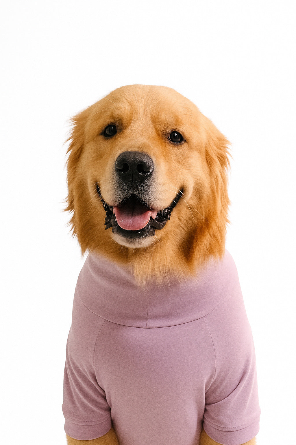 Golden retriever in cozy lavender turtleneck t-shirt, showcasing stylish cotton-spandex blend, perfect for comfortable and stretchable pet wear.