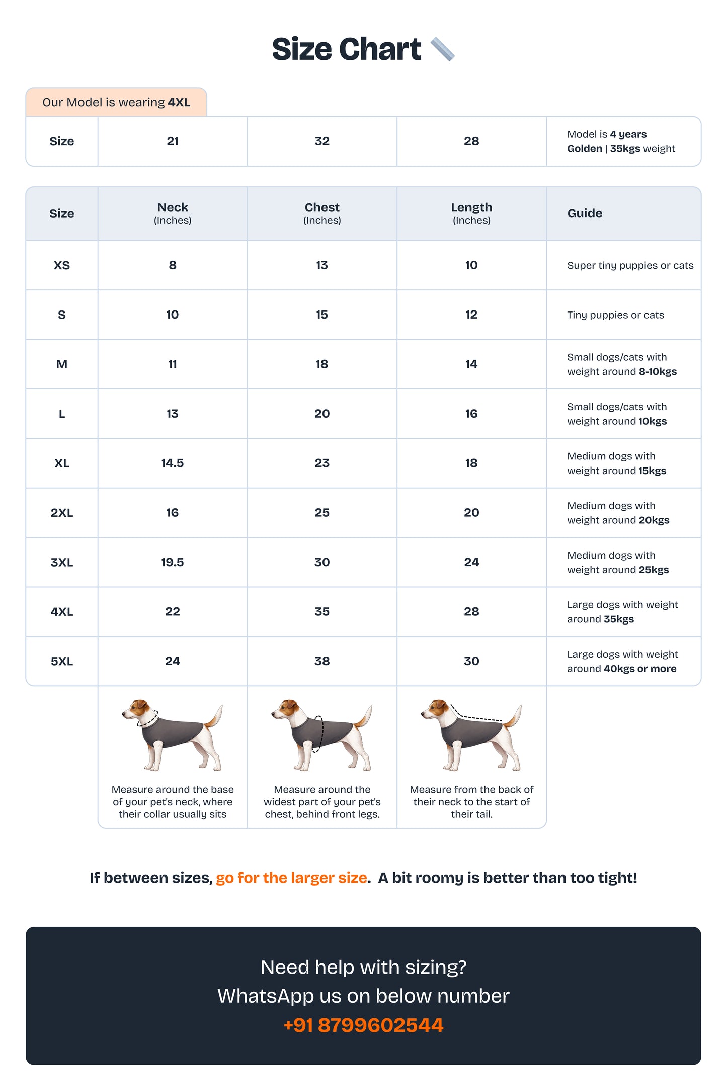 Size chart for pet turtleneck T-shirts in different sizes from XS to 5XL, with model size wearing 4XL.