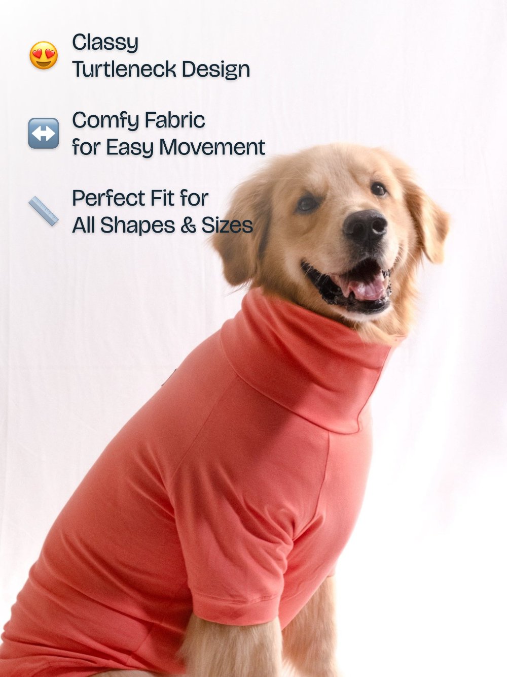 Golden retriever wearing a coral peach, cotton-spandex turtleneck t-shirt, showcasing its comfort and stretchable fit.