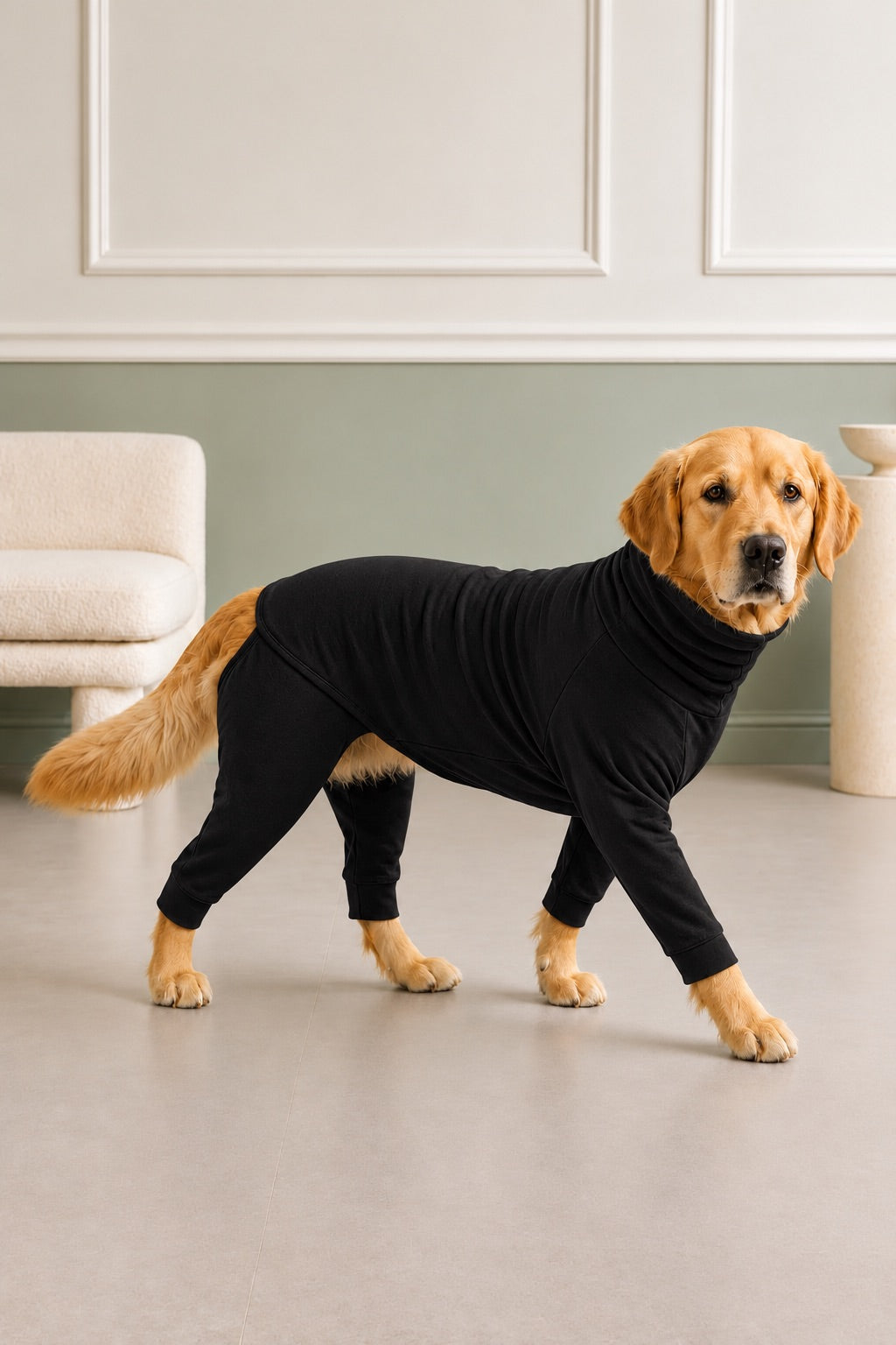 A golden retriever dog wearing a black full-body turtleneck pet sweater, standing in a modern living room with a gray floor and a light-colored armchair in the background.