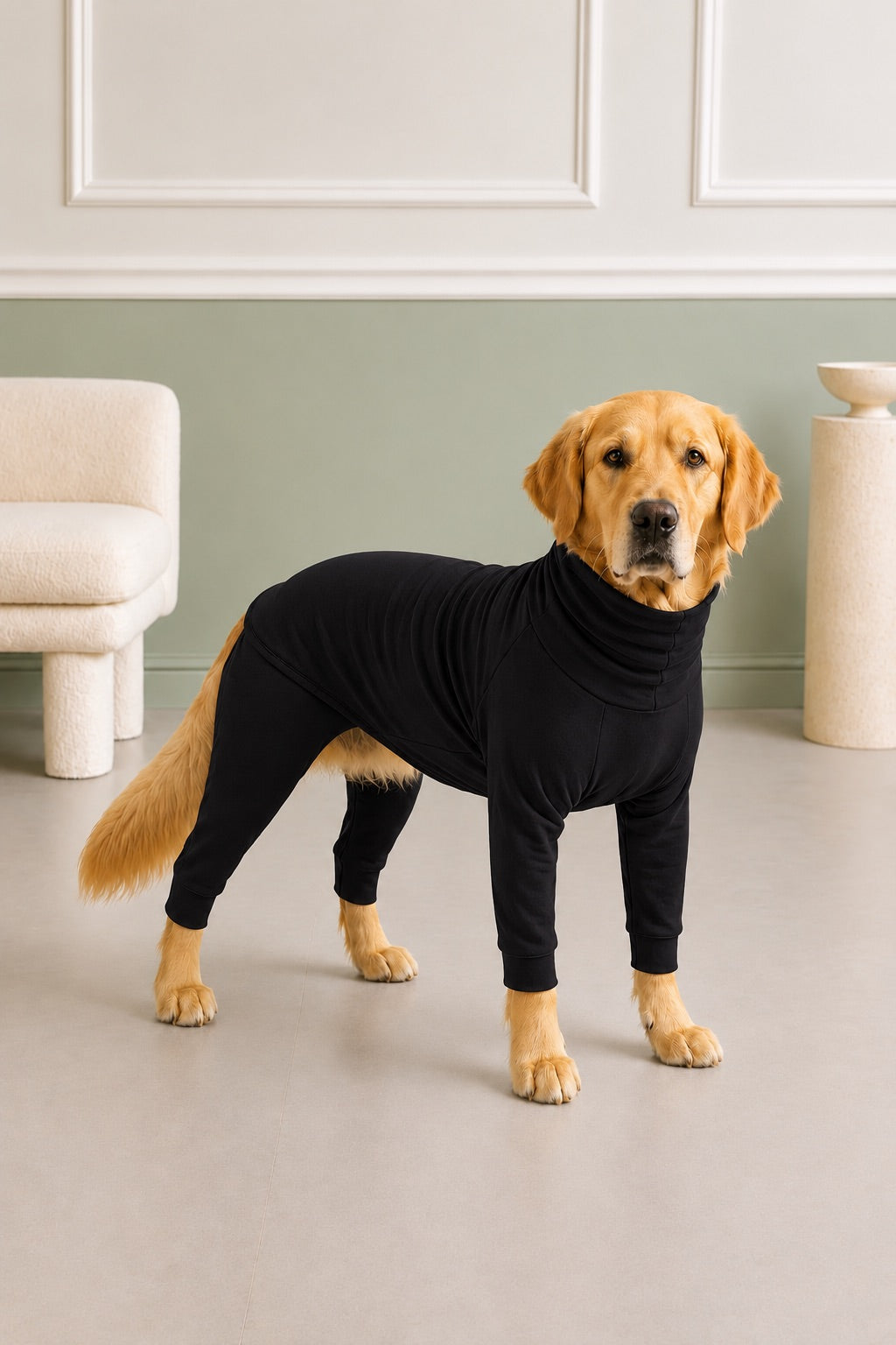 A golden retriever dog wearing a black full-body turtleneck pet sweater, standing in a modern room with a light gray floor and a green and white wall.