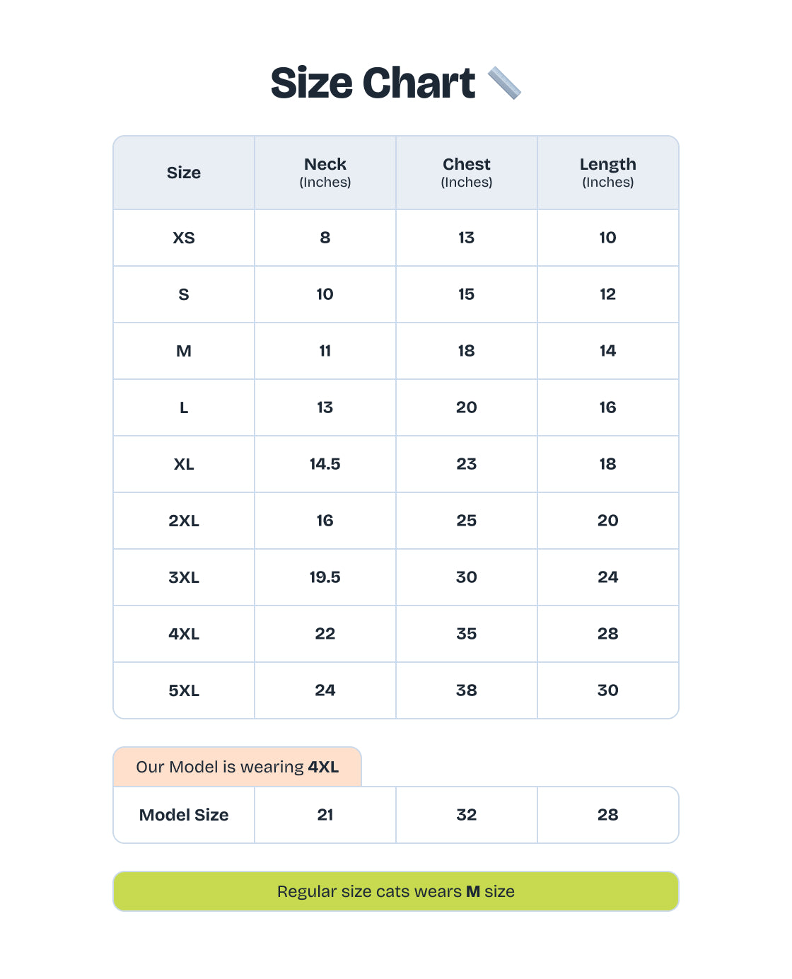 Size chart for pet turtleneck T-shirts in different sizes from XS to 5XL, with model size wearing 4XL.